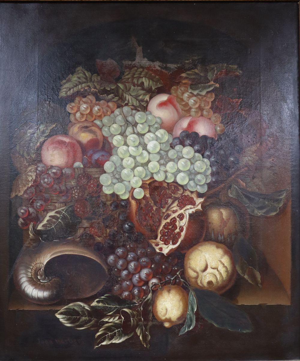 Joan Herbert, oil on canvas, Still life of flowers and a shell within an alcove, signed, 66 x cm